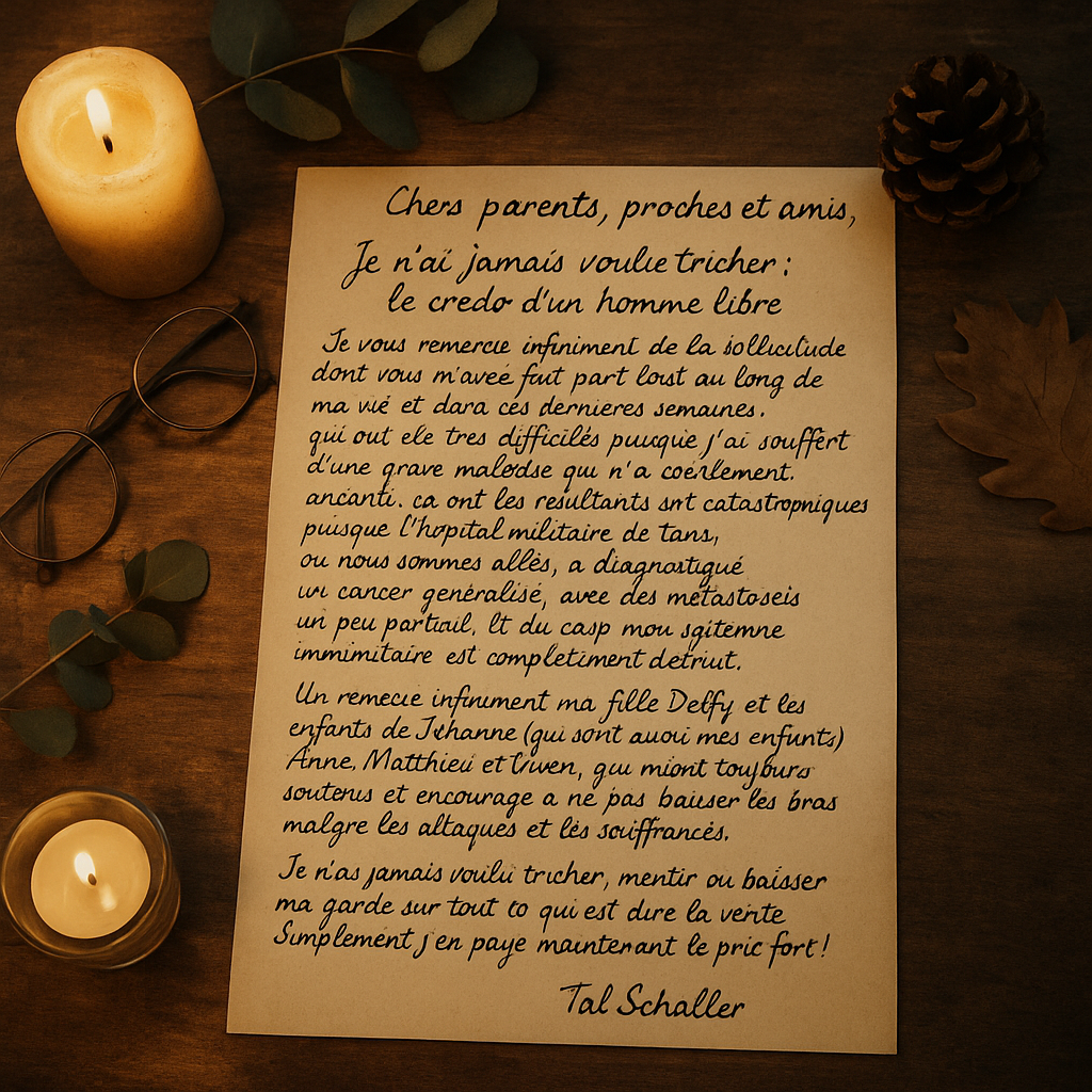 Lettre de Tal avec son message pour toujours avoir osé dire ce qui lui paraissait juste