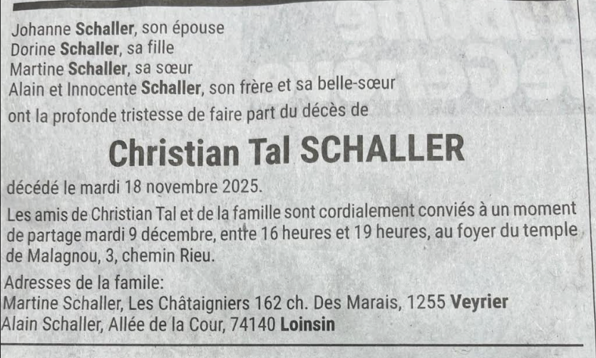 Avis de décès de Christian Tal Schaller