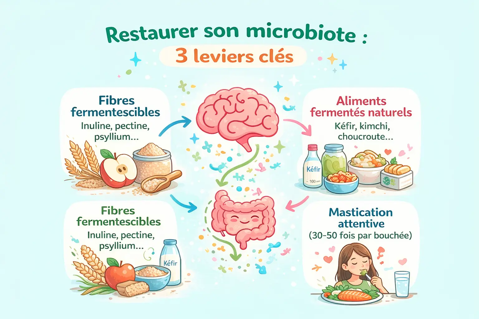 Schéma illustrant les 3 leviers pour restaurer le microbiote : fibres fermentescibles, aliments fermentés et mastication consciente