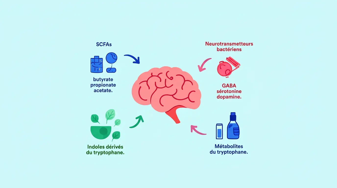 Cerveau humain central avec flèches montrant les influences des SCFAs, indoles du tryptophane et neurotransmetteurs (GABA, sérotonine, dopamine) produits par le microbiote