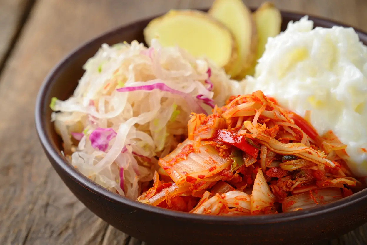 Aliments fermentés riches en probiotiques pour rééquilibrer le microbiote intestinal : kéfir, choucroute, kimchi