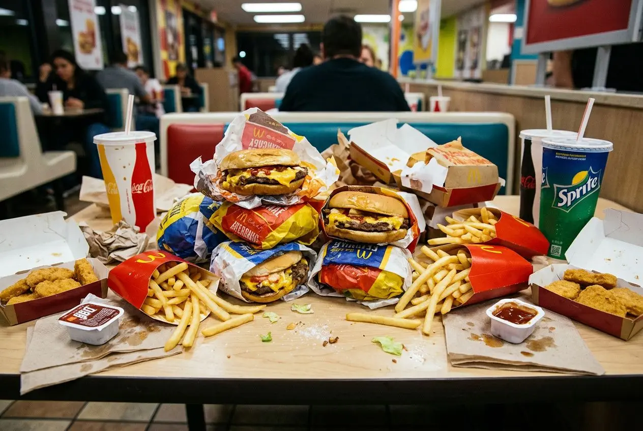 Assiettes et boîtes de fast-food amassées sur la table avec burgers, frites et boissons gazeuses dans un restaurant. Comment se sevrer de la malbouffe évoqué.