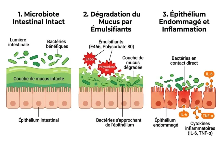 Importance du microbiote intestinal: illustration schématique en 3 étapes montrant l’intégrité de la muqueuse, la dégradation des mucus par les émulsifiants et les inflammations possibles de l’épithélium.