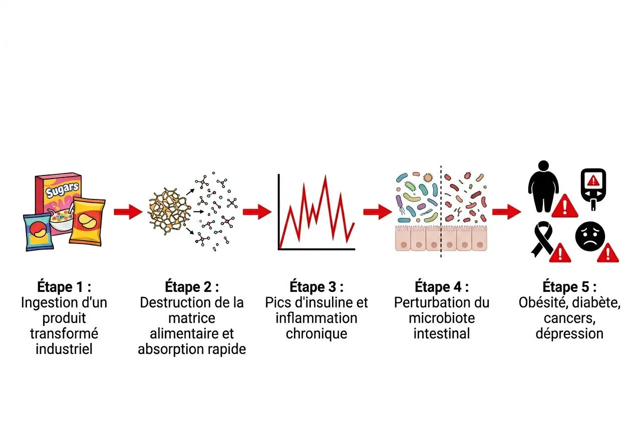 Mécanisme de dégradation de la santé par les aliments ultra-transformés et leurs additifs