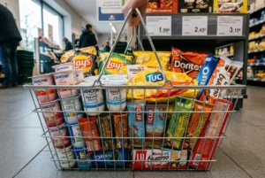 Panier de courses avec produits ultra-transformés contenant des additifs