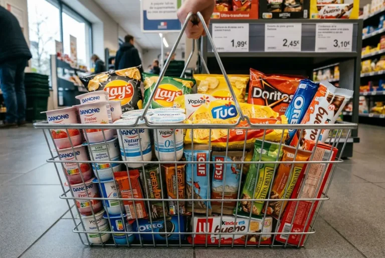 Panier de courses avec produits ultra-transformés contenant des additifs