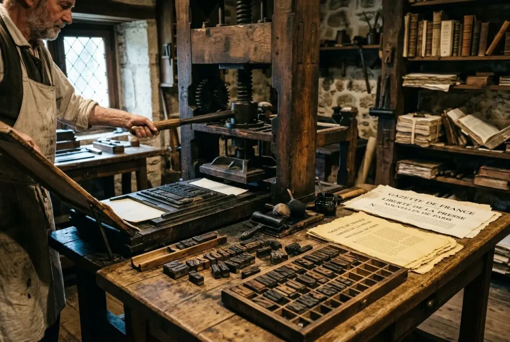 Atelier d’imprimerie ancien avec un ouvrier maniant une presse, pièces et caractères mobiles sur le bureau. le rôle des médias comme contre-pouvoir.