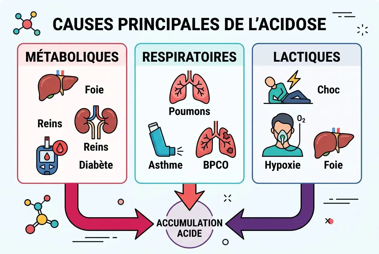 Diagramme des causes principales de l'acidose : métaboliques, respiratoires et lactiques, avec accumulation d'acide et flèches reliant les organes (foie, reins, poumons)