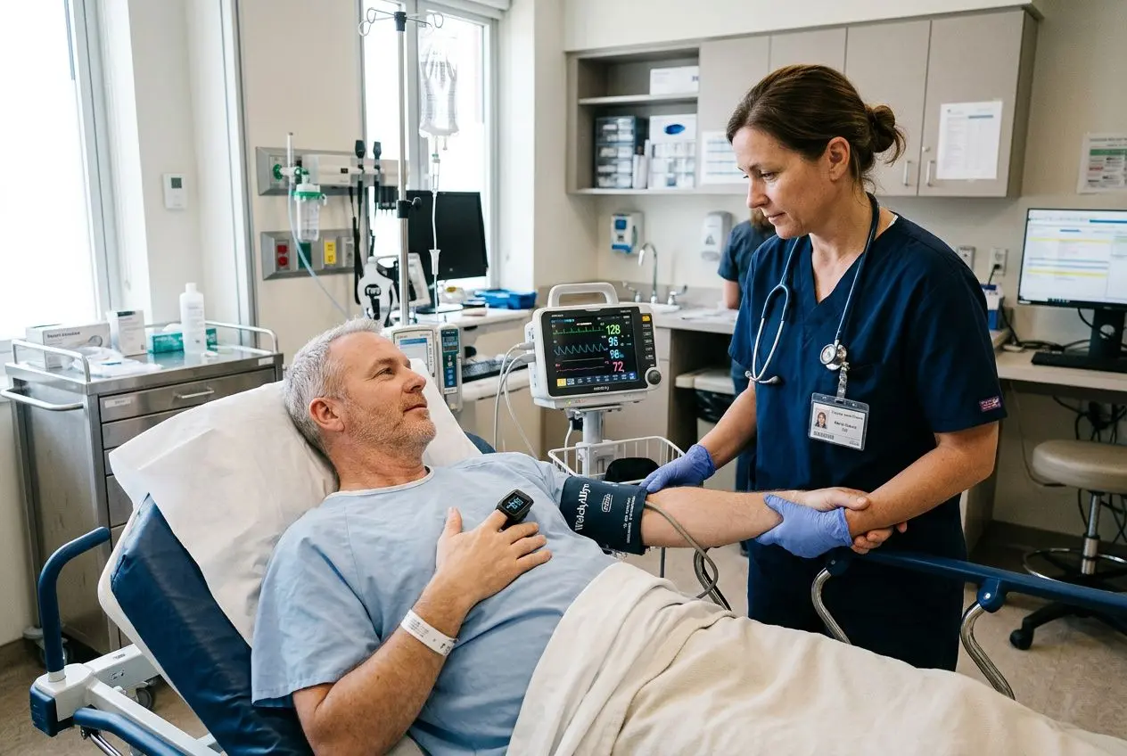 Homme âgé allongé dans un lit d’hôpital, médecin mesurant la tension artérielle avec un brassard sur le bras, ambiance clinique. acidose symptômes est intégré naturellement dans le contexte médical.