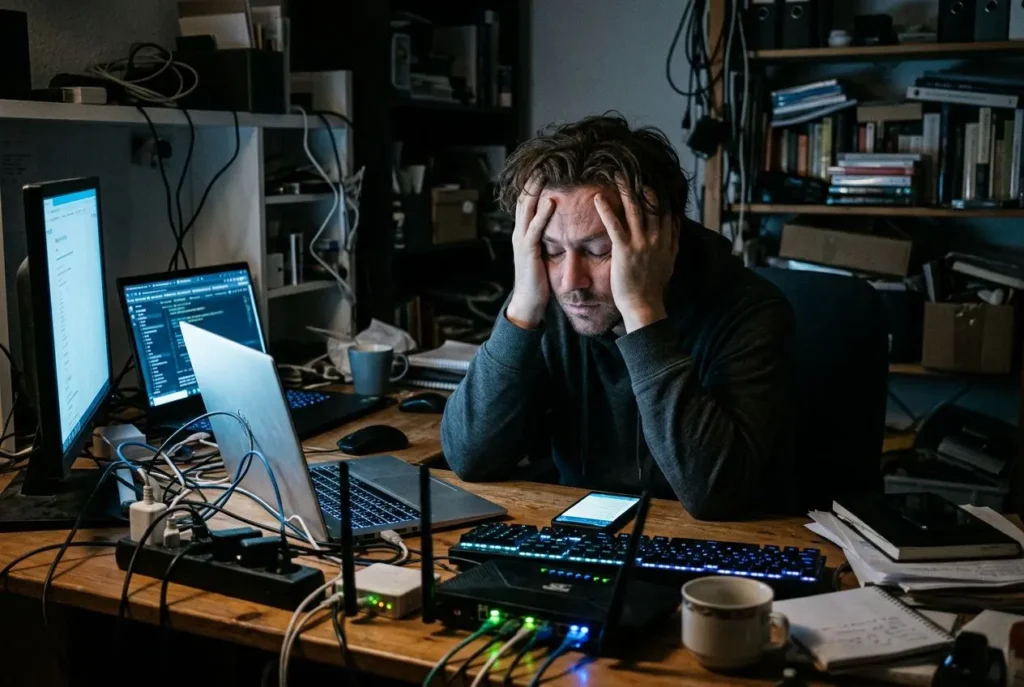 Homme stressé tenant sa tête devant son ordinateur et des câbles, dans un espace de travail encombré. Électrosensibilité.