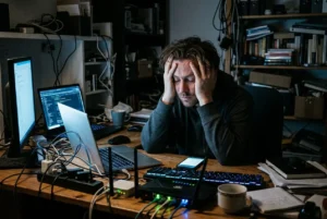 Homme stressé tenant sa tête devant son ordinateur et des câbles, dans un espace de travail encombré. Électrosensibilité.