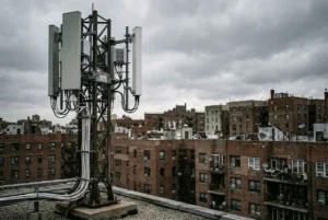Panneau antennes 5G sur toit en ville, réseau et câblage visibles; image liée aux effets de la 5g sur la santé et questions sur dangers potentiels.