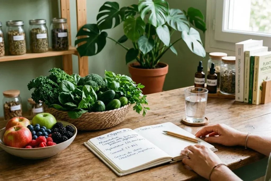 Personne écrivant dans un carnet sur une table en bois entourée de fruits, légumes frais et plantes; ambiance médecine naturelle et principes de la naturopathie.