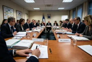 Réunion formelle autour d’une grande table, de nombreux experts et dirigeants discutant de politiques de santé publique et de conflits d’intérêts, avec des documents et badges sur la table. Conflits d'intérêts experts santé publique mentionné.