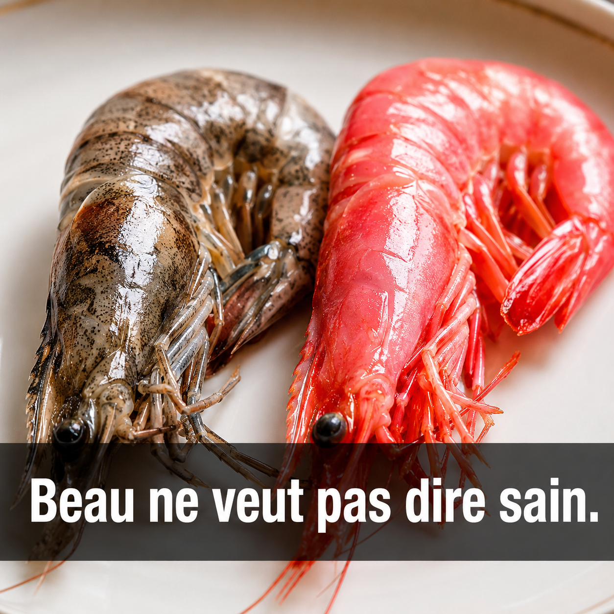 Deux assiettes de crevettes côte à côte, naturelles mélanisées et traitées chimiquement, apparence aliments santé préventive