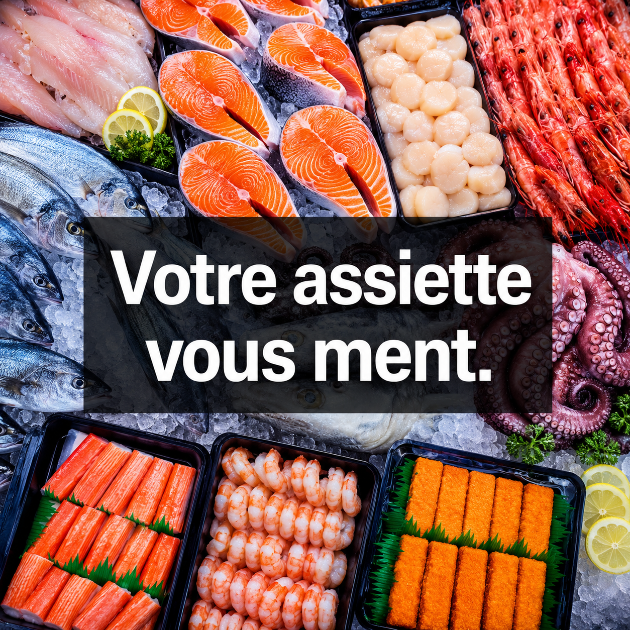 Stand de marché français avec crevettes non traitées mélanisées, illustration santé préventive et choix alimentaire conscient