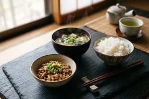Bol de natto et riz avec soupe miso et thé vert, repas japonais équilibré riche en soja fermenté bienfaits