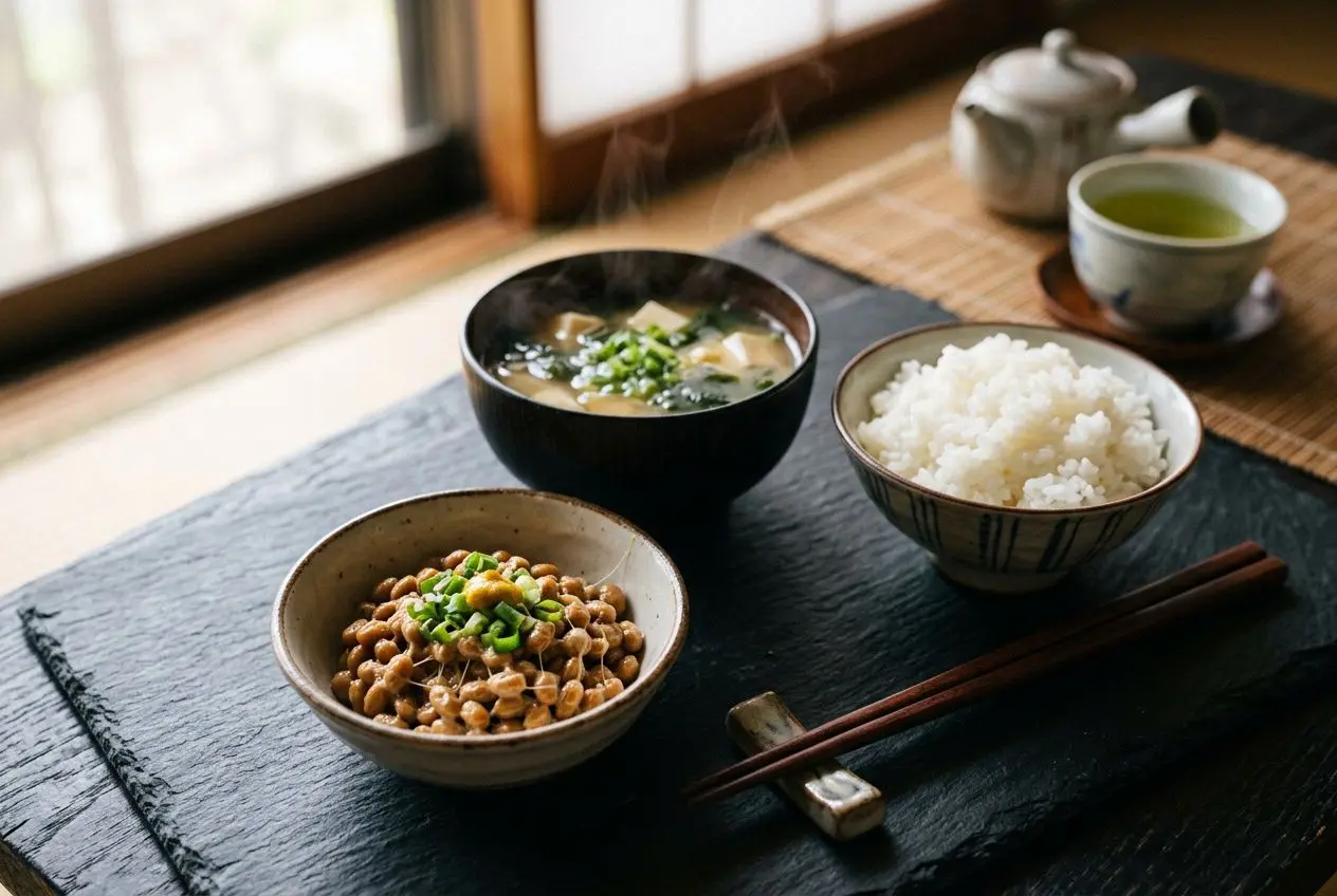 Bol de natto et riz avec soupe miso et thé vert, repas japonais équilibré riche en soja fermenté bienfaits