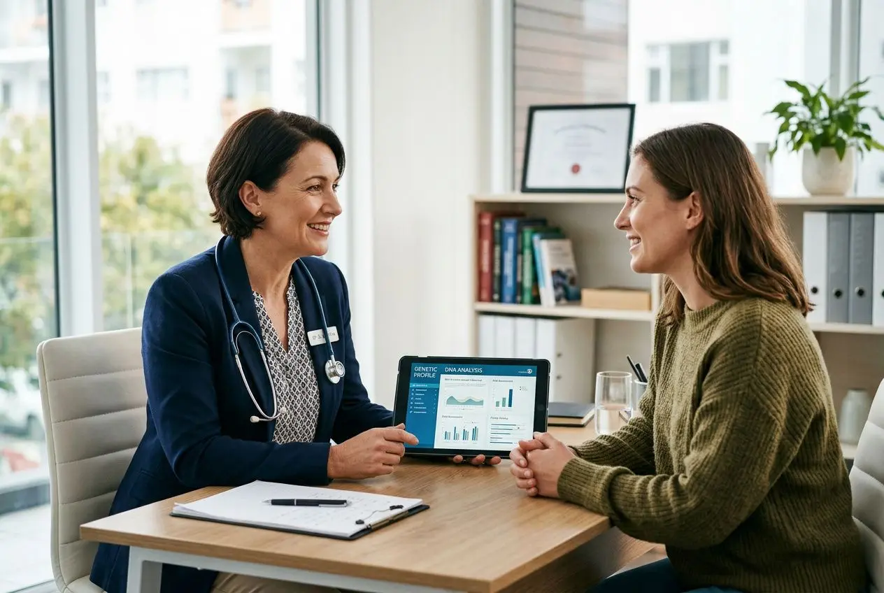 Consultation médicale entre une médecin et sa patiente, la praticienne présente des données sur une tablette dans un cabinet lumineux