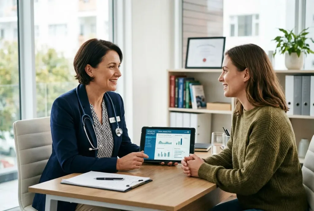 Consultation médicale entre deux femmes, une médecin avec stéthoscope présente des données sur une tablette à une patiente, dans un cabinet lumineux. Changement de paradigme en médecine.