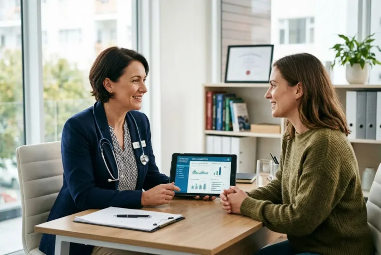 Consultation médicale entre deux femmes, une médecin avec stéthoscope présente des données sur une tablette à une patiente, dans un cabinet lumineux. Changement de paradigme en médecine.