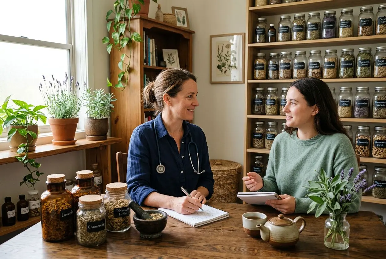 Deux femmes en consultation naturopathie : l'une avec stéthoscope et carnet écoute l'autre, entourées de bocaux d'herbes et plantes sur étagères.