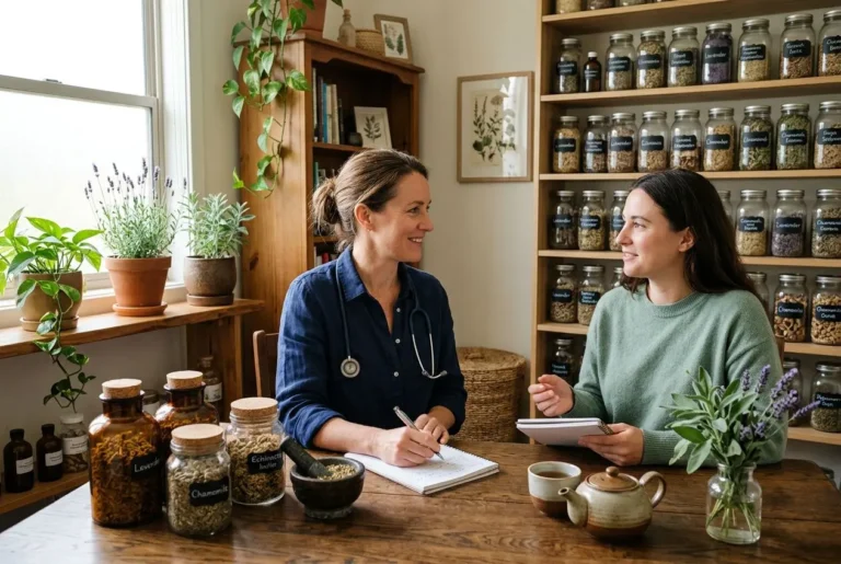 Deux femmes en consultation naturopathie: l'une avec stéthoscope et carnet écoute l’autre, entourées de bocaux d’herbes et plantes sur étagères. les 4 piliers de la naturopathie intégrés naturellement.