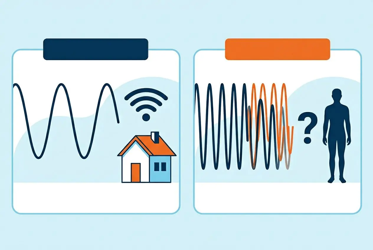 Deux panneaux illustrant les ondes : à gauche, des ondes sinusoïdales traversant une maison reliée à une antenne; à droite, des ondes en spirale près d'un humain avec un point d'interrogation, illustrant les effets de la 5G sur la santé.