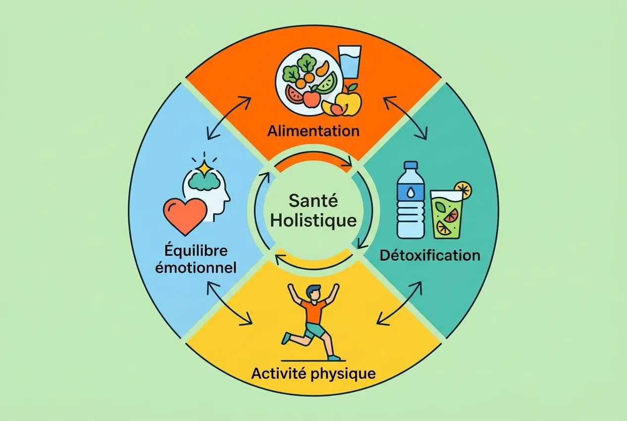 Diagramme circulaire des principes de la naturopathie : alimentation, activité physique, détoxification et équilibre émotionnel autour du concept Santé Holistique.