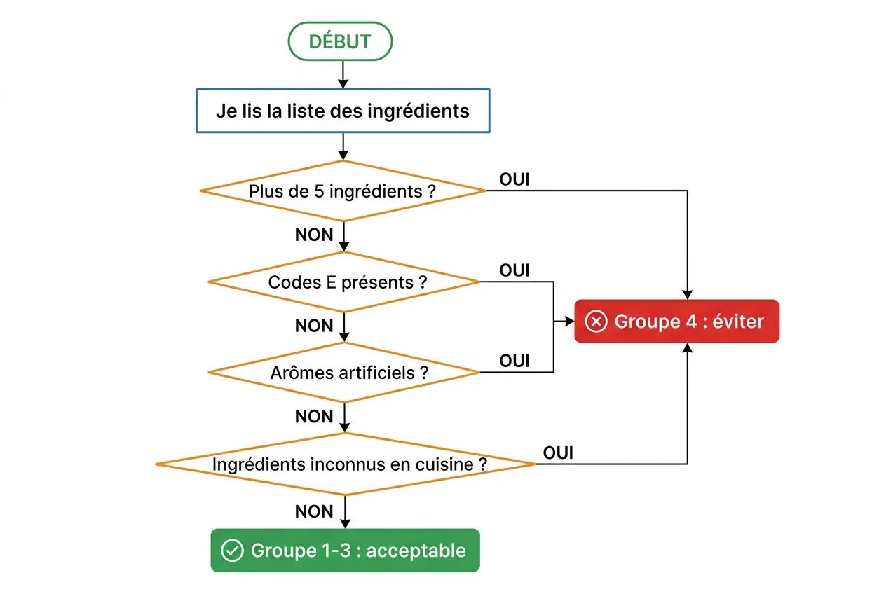 Diagramme de décision pour identifier un aliment ultra-transformé : vérifier la longueur de la liste d'ingrédients, la présence de codes E, d'arômes artificiels et d'ingrédients inconnus