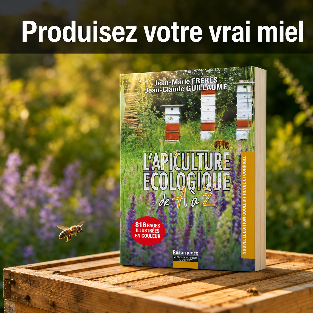 Livre L'apiculture écologique de A à Z posé sur une ruche - produire son propre miel artisanal face au faux miel industriel