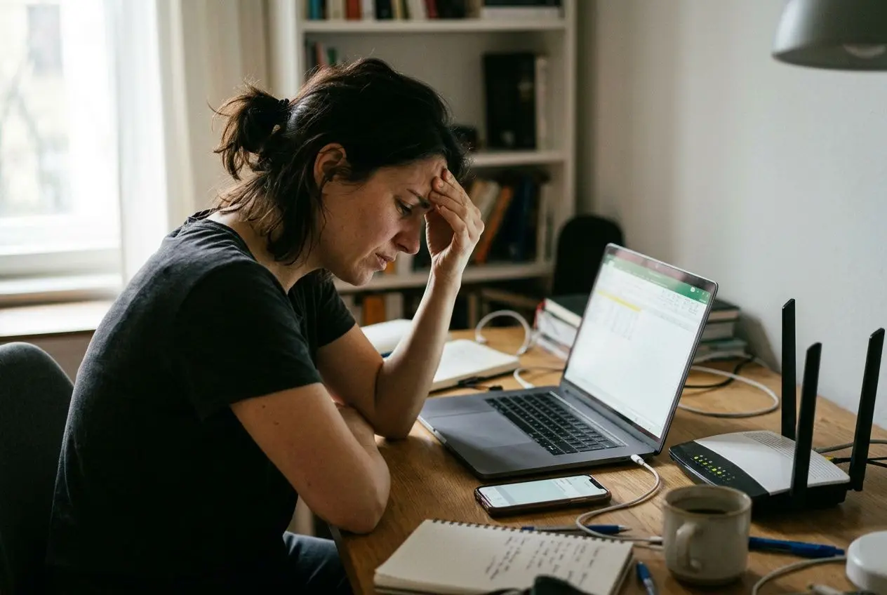 Femme au bureau, tête entre les mains, devant un ordinateur portable et des documents, visiblement stressée par des ondes électromagnétiques. électrosensibilité traitement naturel.
