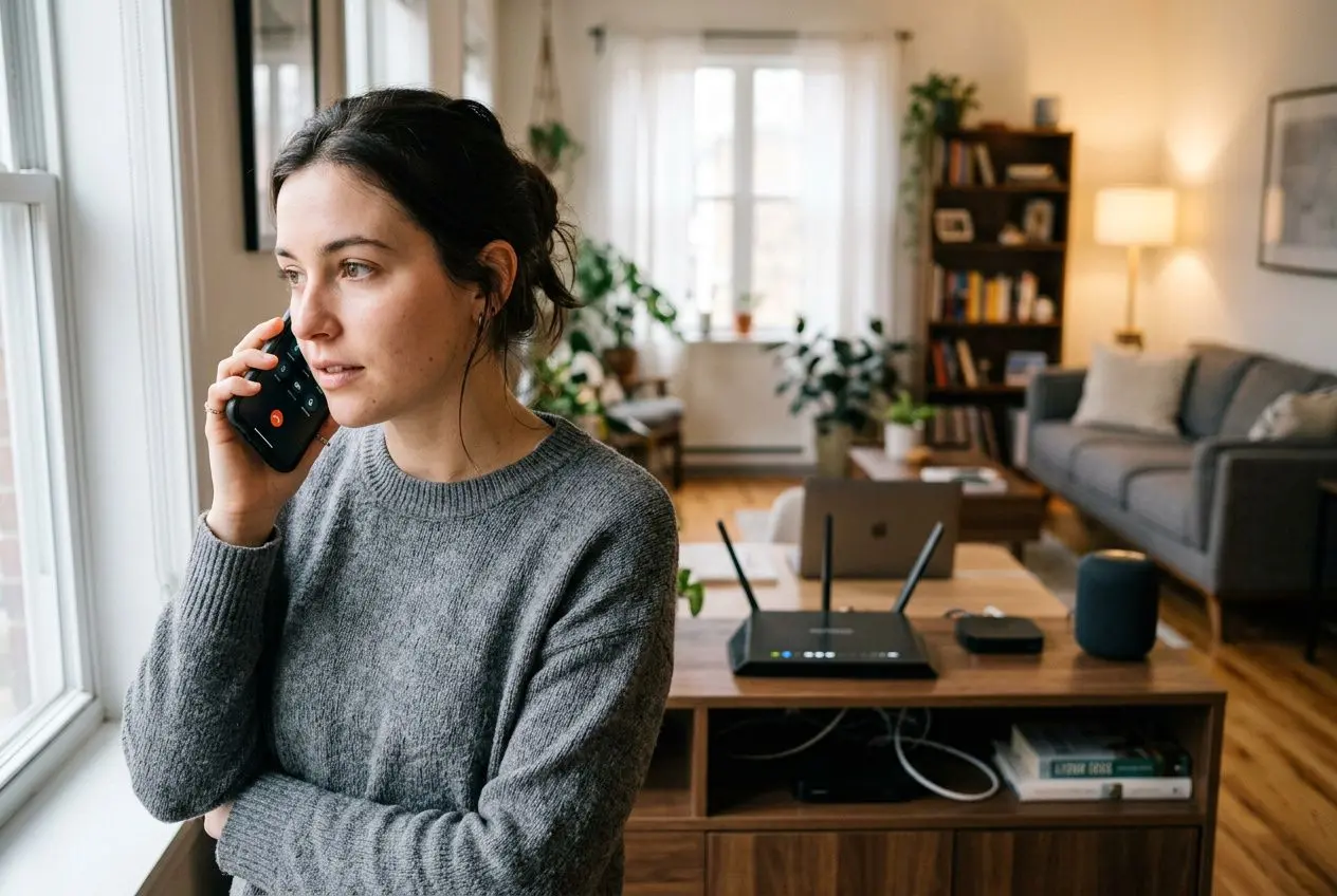 femme au téléphone près d'une connexion Wi‑Fi et d'équipements réseau domestiques, intérieur lumineux, lien entre ondes électromagnétiques et cancer.