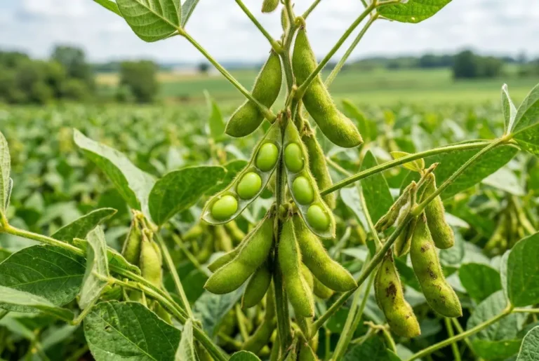 Gousses de soja vertes sur une plante cultivée, champ de soja en arrière-plan, image liée au sujet des soja OGM danger.