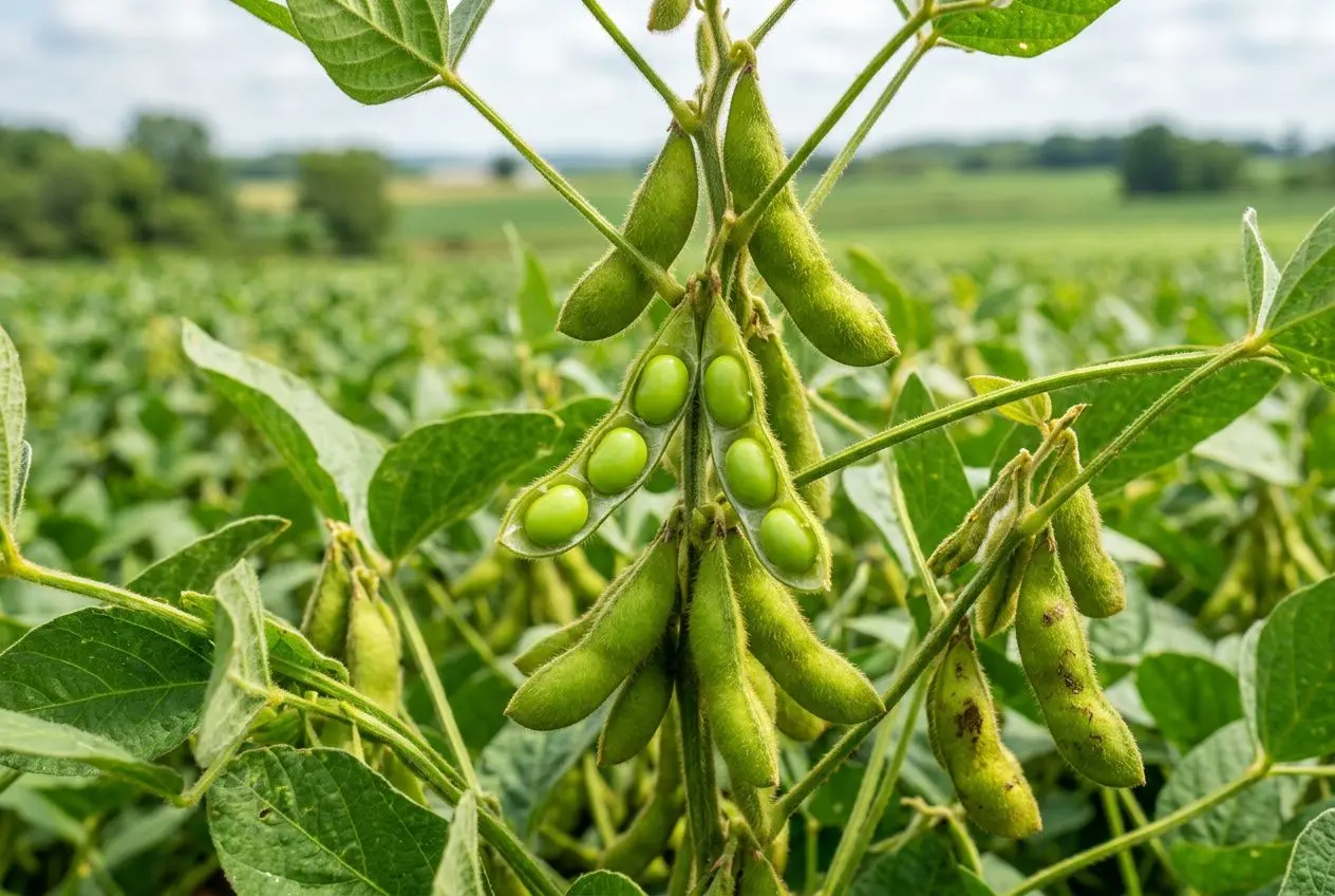 Gousses de soja vertes sur une plante cultivée, champ de soja en arrière-plan, image liée au sujet des soja OGM danger.