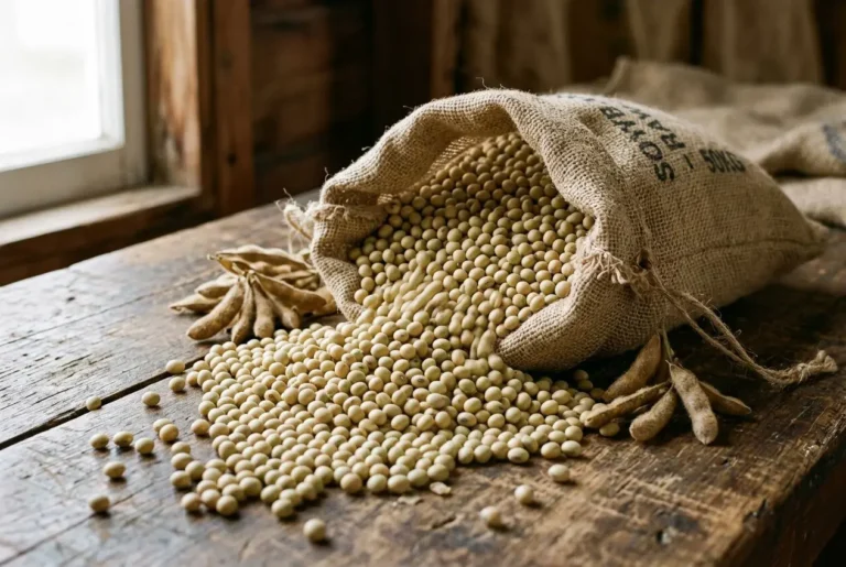 Grains de soja blancs versés d’un sac en toile sur une table en bois, évoquant les aliments liés au soja et troubles digestifs