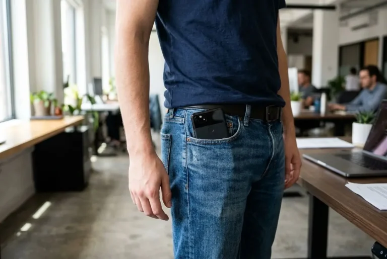 Homme debout dans un bureau, téléphone portable et fertilité masculine en poche arrière, visible dans la poche du jean.