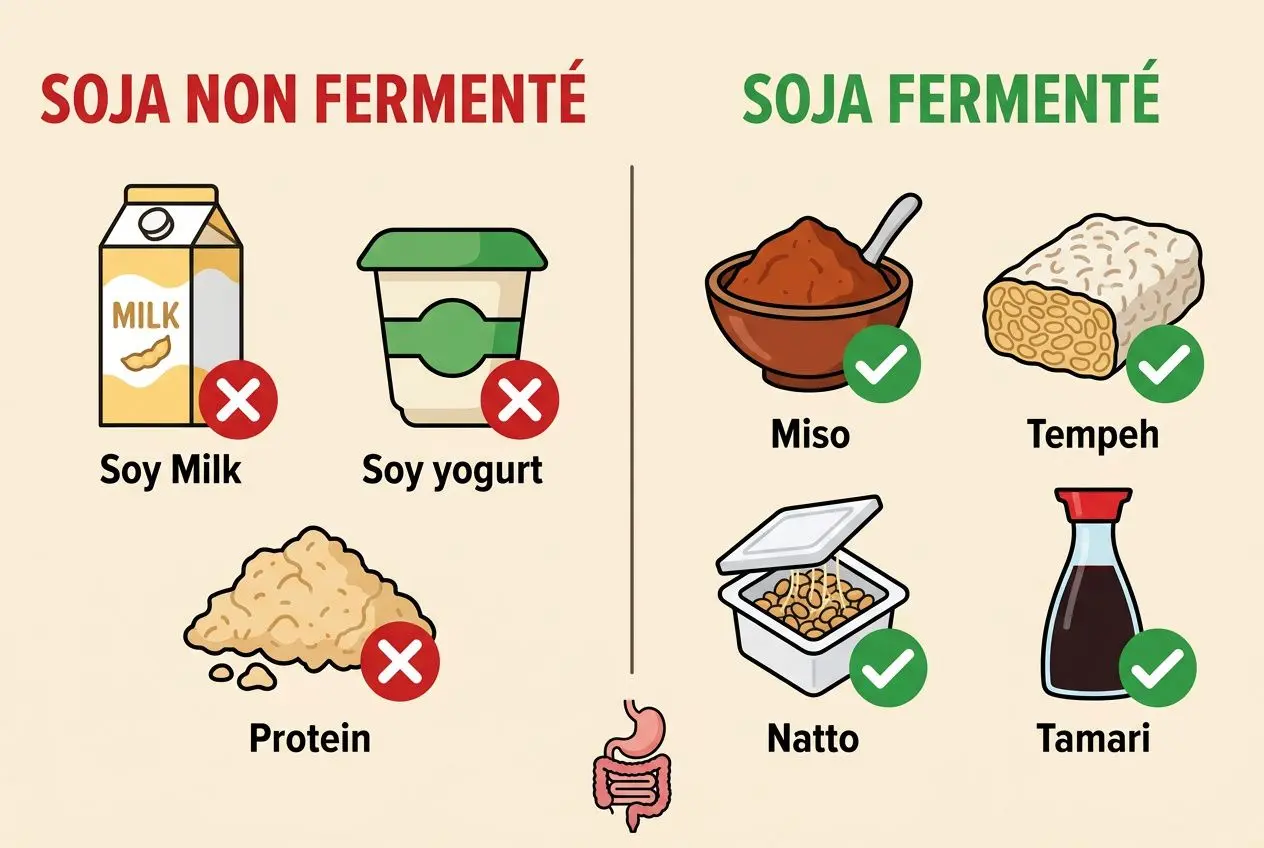Illustration comparant soja non fermenté et fermenté : à gauche, lait de soja, yaourt de soja et protéines non digestibles barrés ; à droite, soja fermenté avec miso, tempeh, natto et tamari, tous indiqués comme bénéfiques pour la digestion. Soja et troubles digestifs.