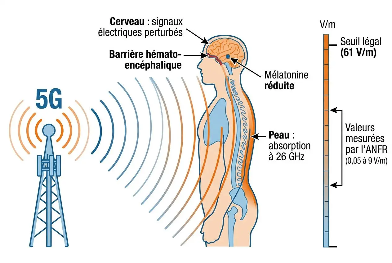 Illustration montrant une antenne 5G émettant des ondes vers un corps humain, avec le cerveau et la colonne vertébrale mis en évidence, et une échelle indiquant les valeurs des champs électromagnétiques.