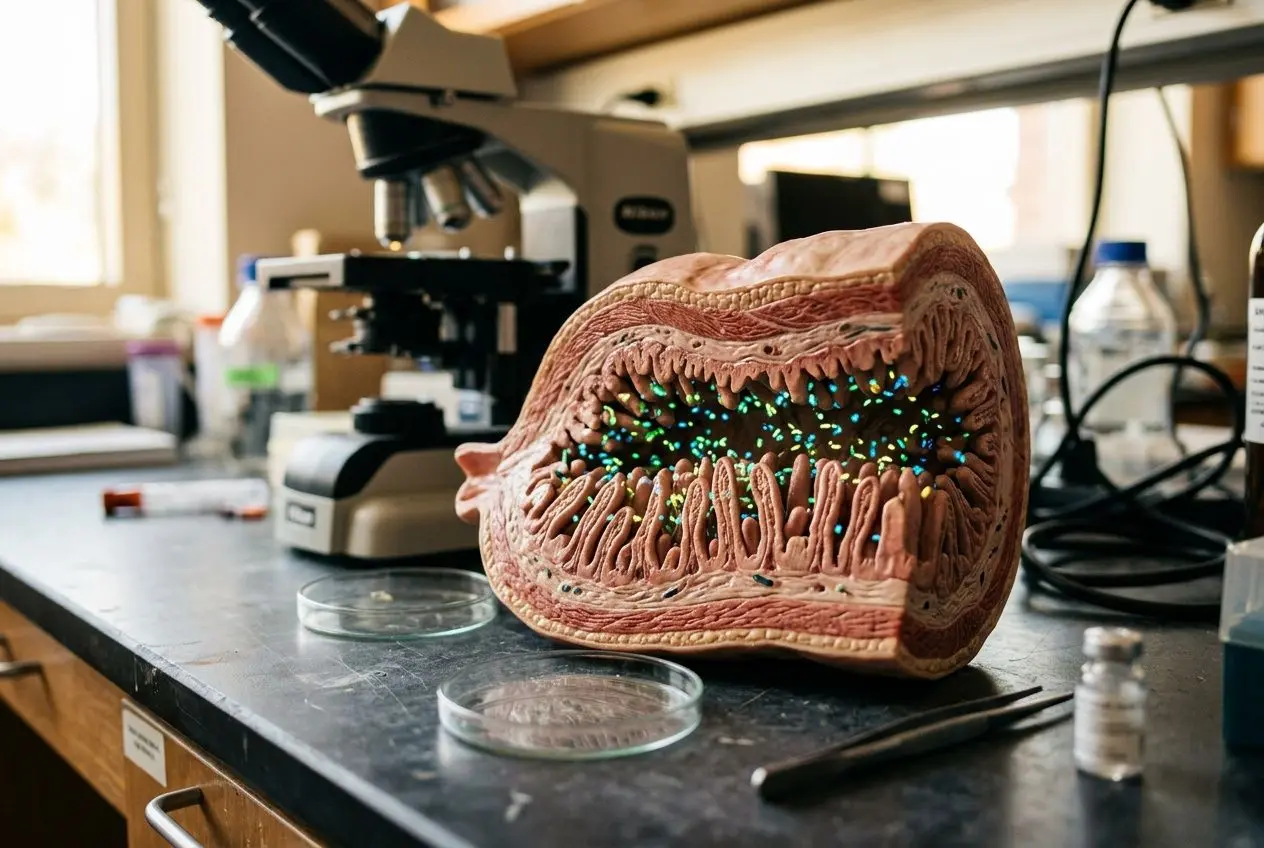 Modèle anatomique intestinal montrant des colonies bactériennes dans un laboratoire de microbiologie