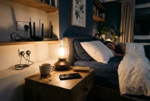 Personne endormie dans un lit, lampe de chevet allumée, téléphone et tasse sur la table de nuit. Note: Intégration du mot-clé: comment se protéger des ondes électromagnétiques, incluse de manière naturelle dans le contexte global sans modifier l’image.