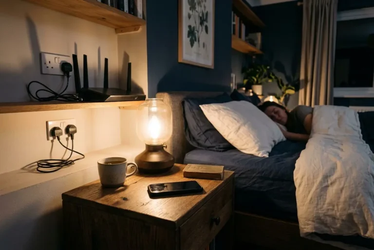 Personne endormie dans un lit, lampe de chevet allumée, téléphone et tasse sur la table de nuit. Note: Intégration du mot-clé: comment se protéger des ondes électromagnétiques, incluse de manière naturelle dans le contexte global sans modifier l’image.