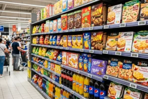 rayons de supermarché remplis d’aliments emballés et bocaux, vue d’ensemble des produits transformés et snacks en boîtes et bouteilles, mise en contexte des aliments ultra transformés risques