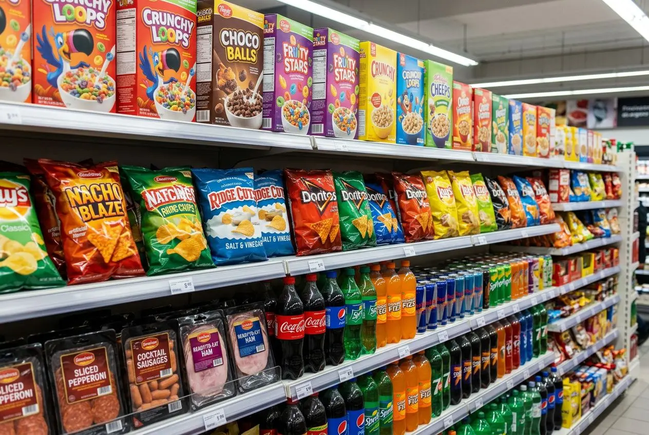 Rayons de supermarché remplis de snacks et céréales colorés, montrant une abondance d’additifs alimentaires et malbouffe potentiels.