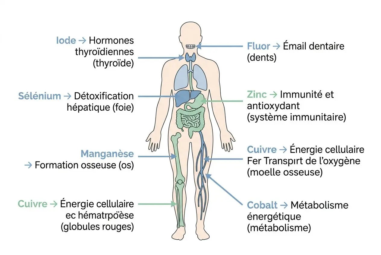 Schéma du corps humain montrant la localisation des oligo-éléments et leurs rôles : zinc, cuivre, iode, sélénium, manganèse, cobalt, fluor, avec flèches vers les organes correspondants.