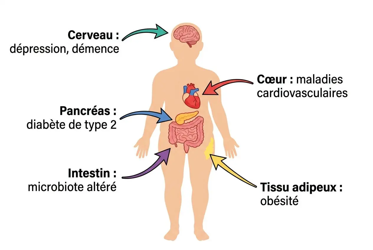 Schéma des organes affectés par les aliments ultra-transformés : cerveau, cœur, pancréas, intestin et tissu adipeux, avec les risques documentés associés à chacun