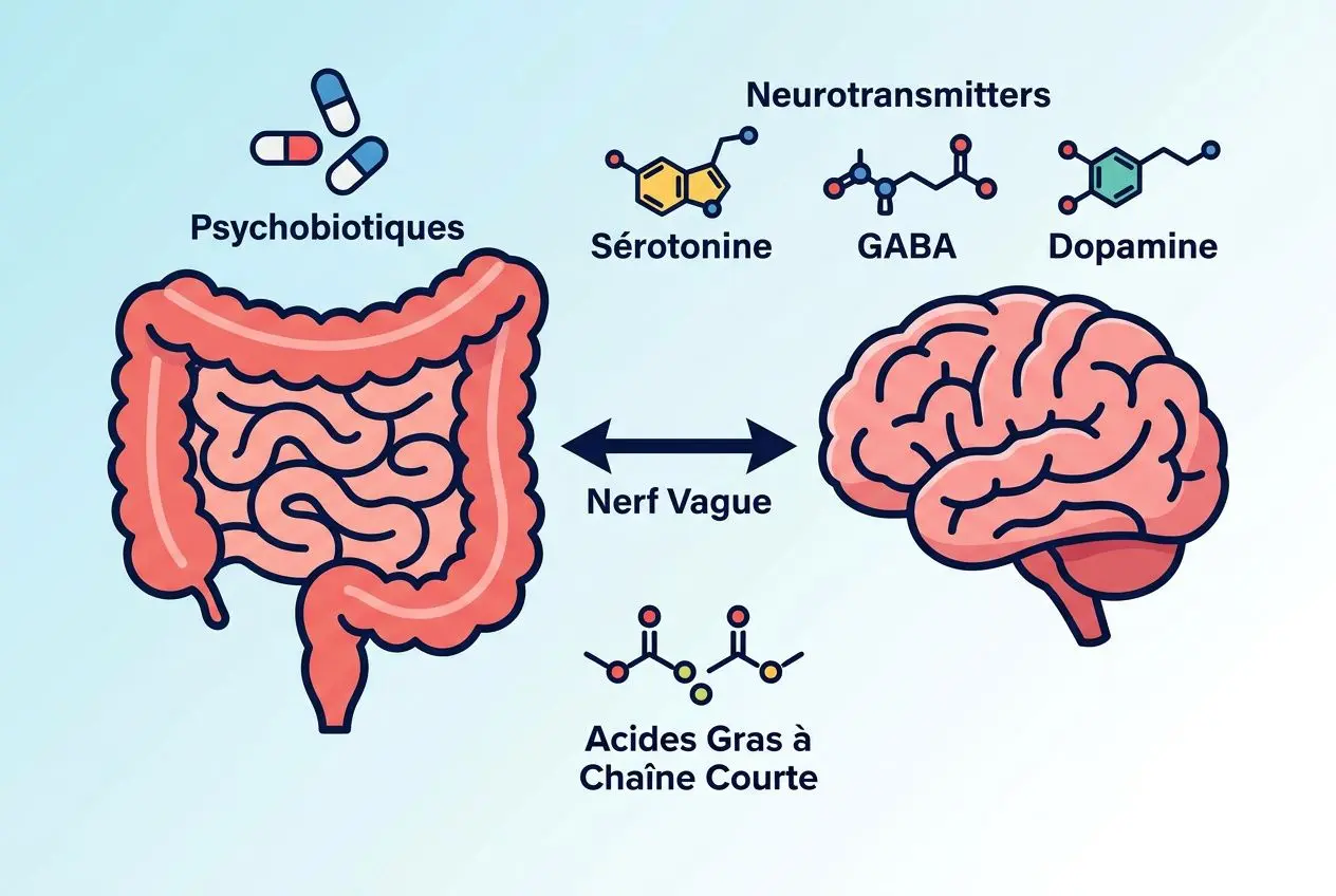 Schéma de l'axe intestin-cerveau montrant les voies de communication via le nerf vague, la sérotonine, le GABA et les acides gras à chaîne courte