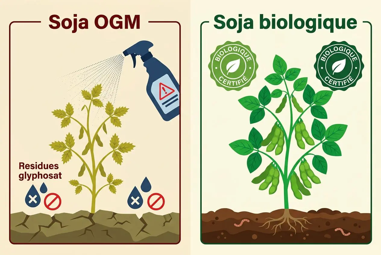 Pulvérisation d'herbicide sur un champ de soja OGM, illustrant les résidus de glyphosate en question
