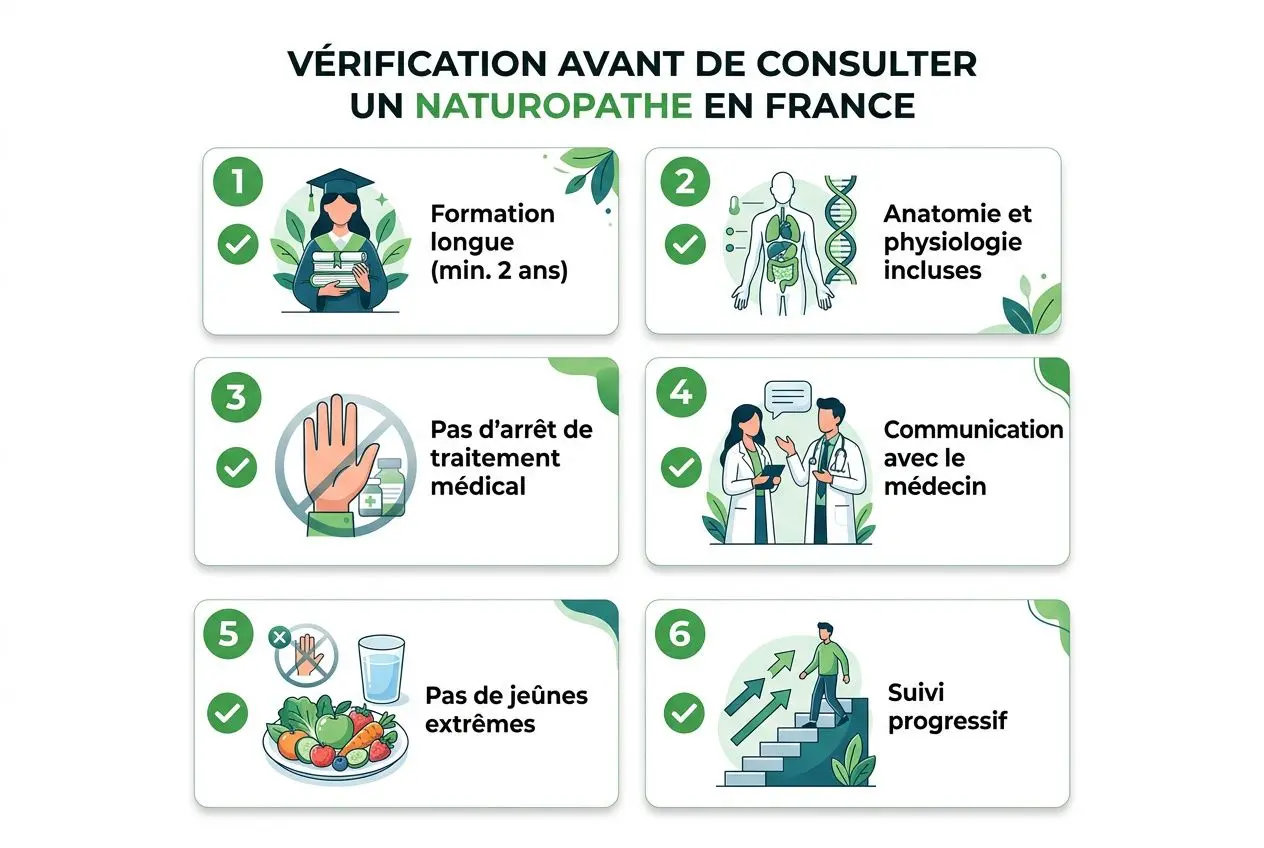 Vérification avant consultation : un naturopathe en France illustré par six points des 4 piliers de la naturopathie.