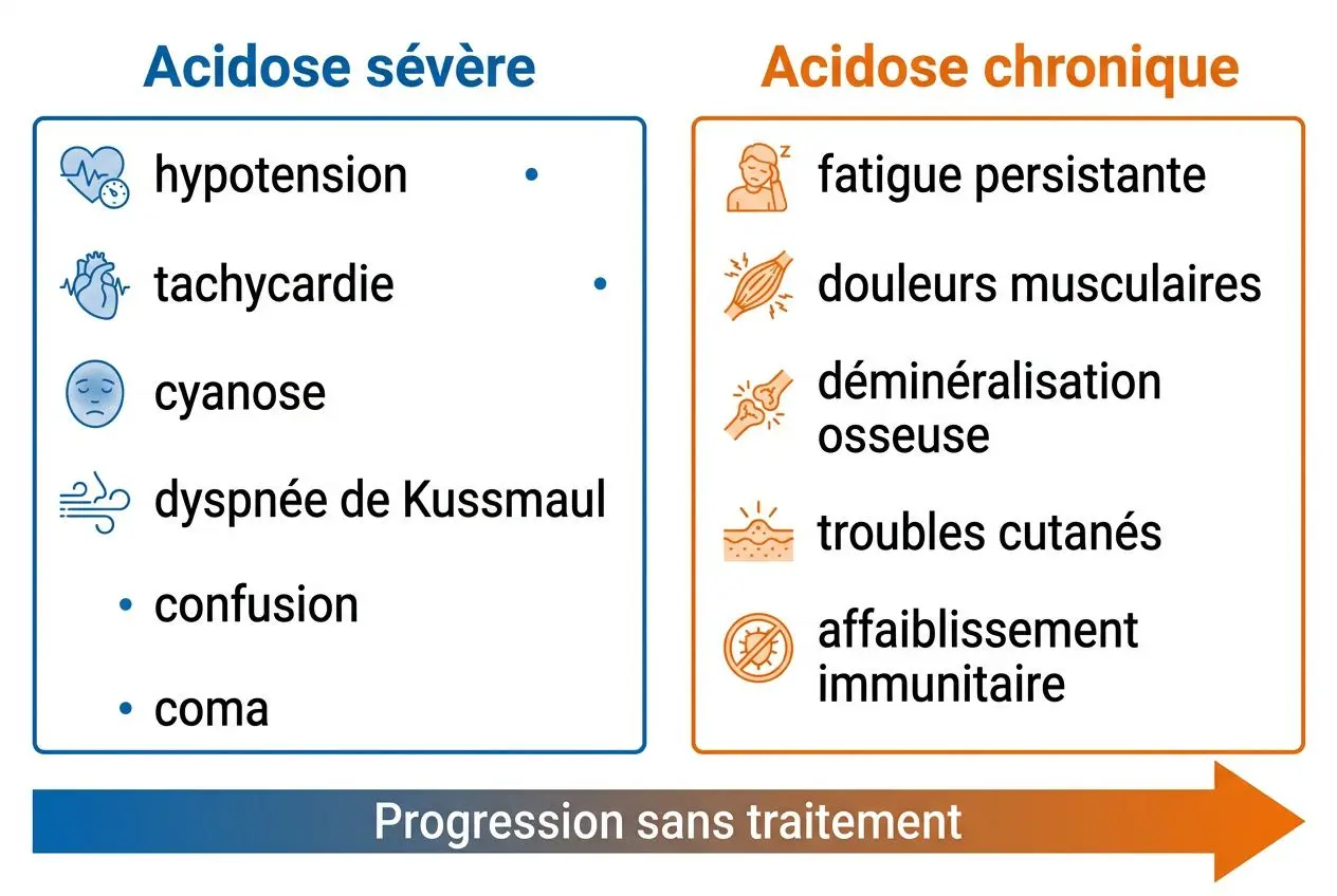 Comparatif des symptômes et signes de l'acidose métabolique sévère et chronique : hypotension, tachycardie, cyanose, dyspnée de Kussmaul, confusion et coma